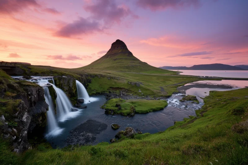 Conical mountain with cascading waterfall at sunset in icelandic landscape