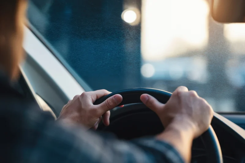 Driver’s hands gripping steering wheel inside modern car interior during daytime commute