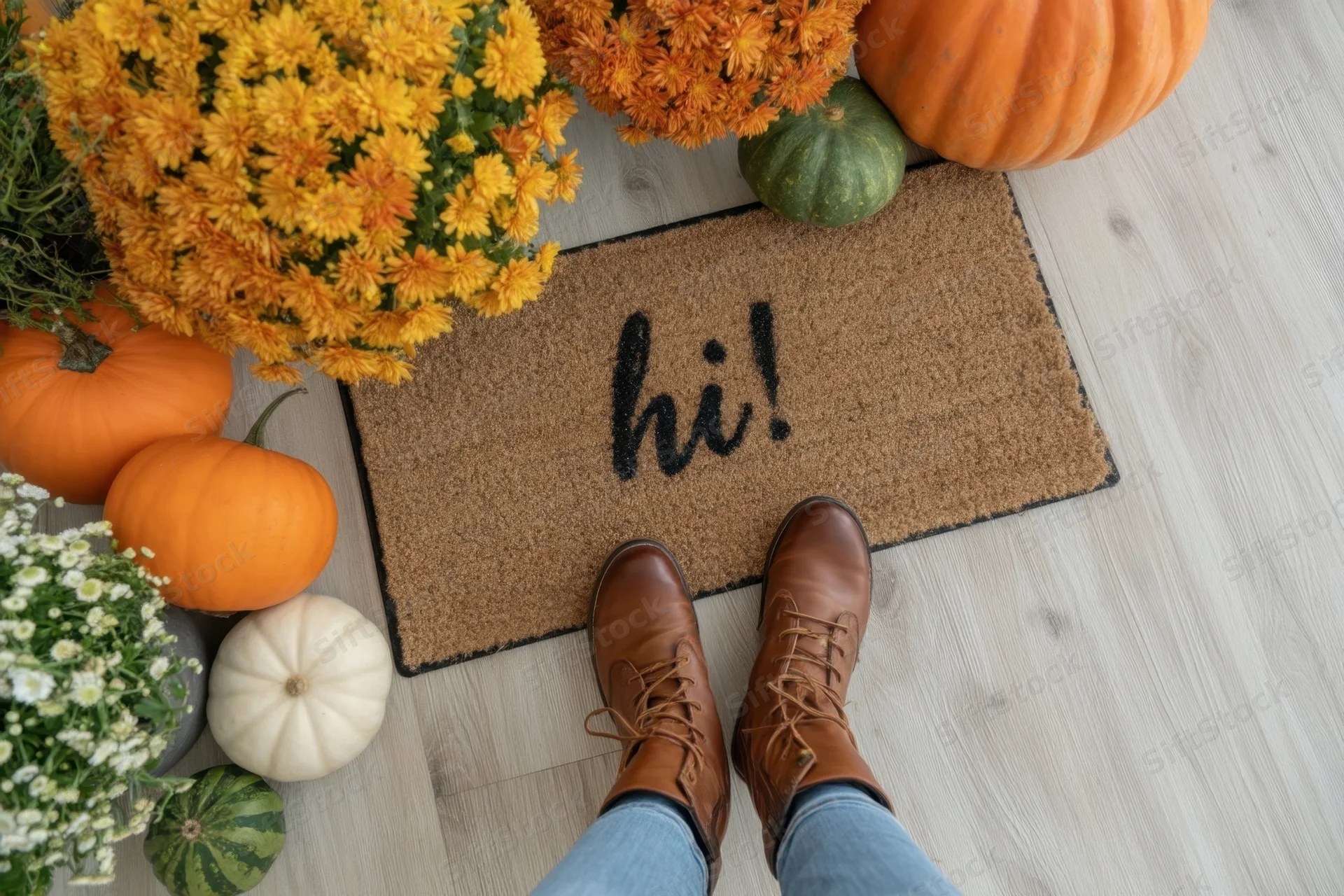 Feet in brown boots standing on a welcome mat reading hi surrounded by pumpkins and autumn flowers at a doorstep