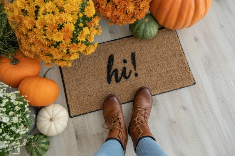 Feet in brown boots standing on a welcome mat reading hi surrounded by pumpkins and autumn flowers at a doorstep