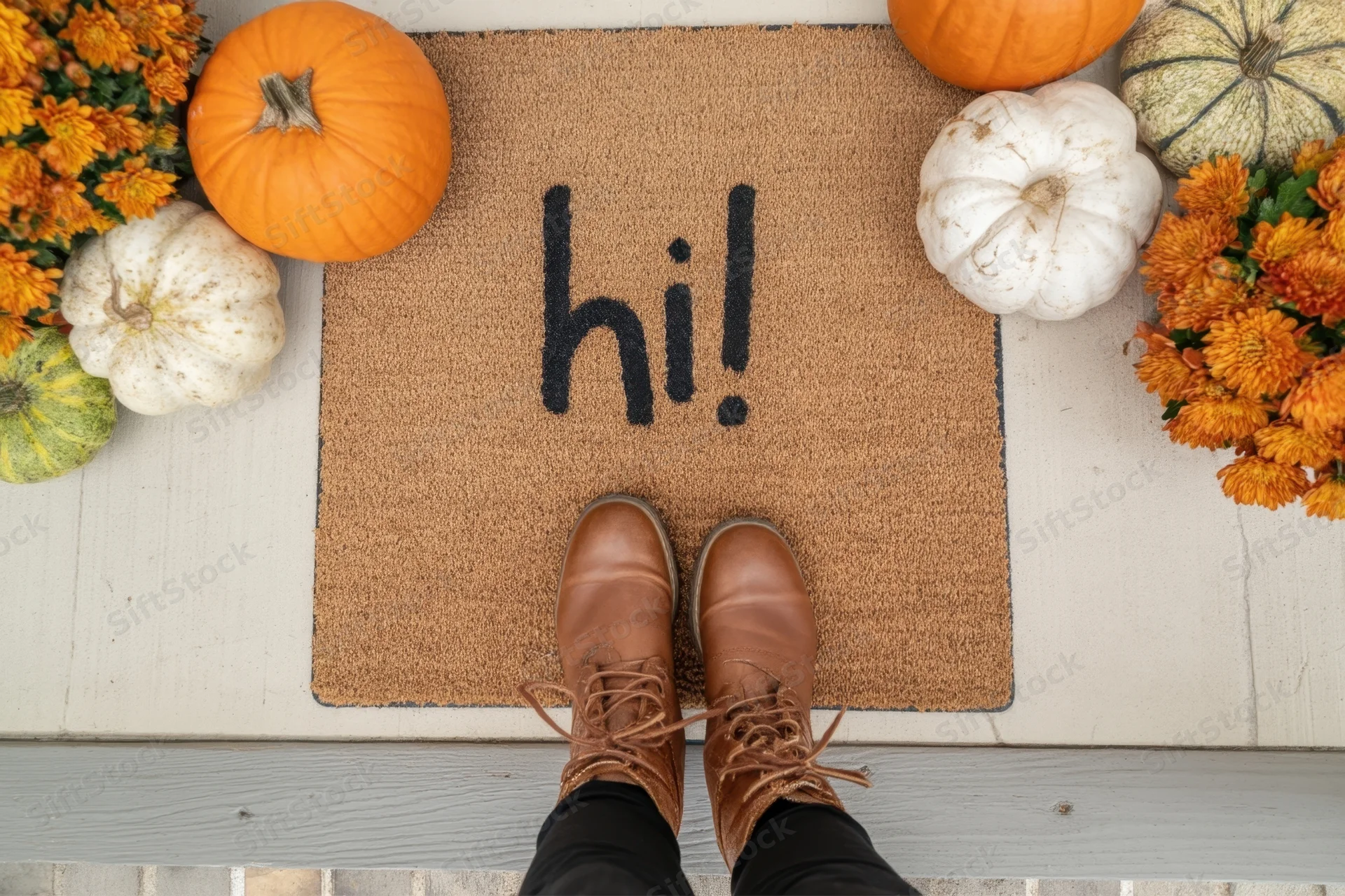 Feet in brown boots standing on a welcome mat reading hi surrounded by pumpkins and orange flowers on a doorstep