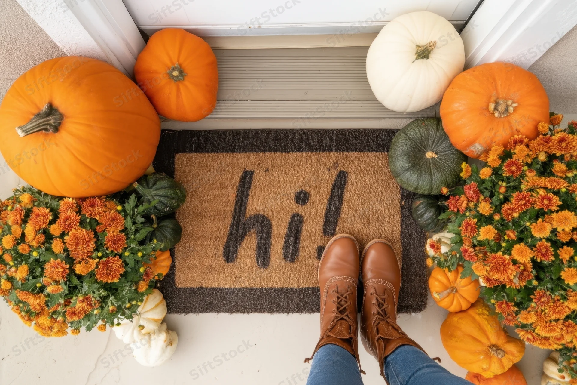 Autumn doorstep decorated with pumpkins and mums, welcome mat reading hi, person standing in boots and jeans