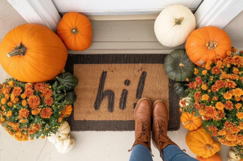Autumn doorstep decorated with pumpkins and mums, welcome mat reading hi, person standing in boots and jeans