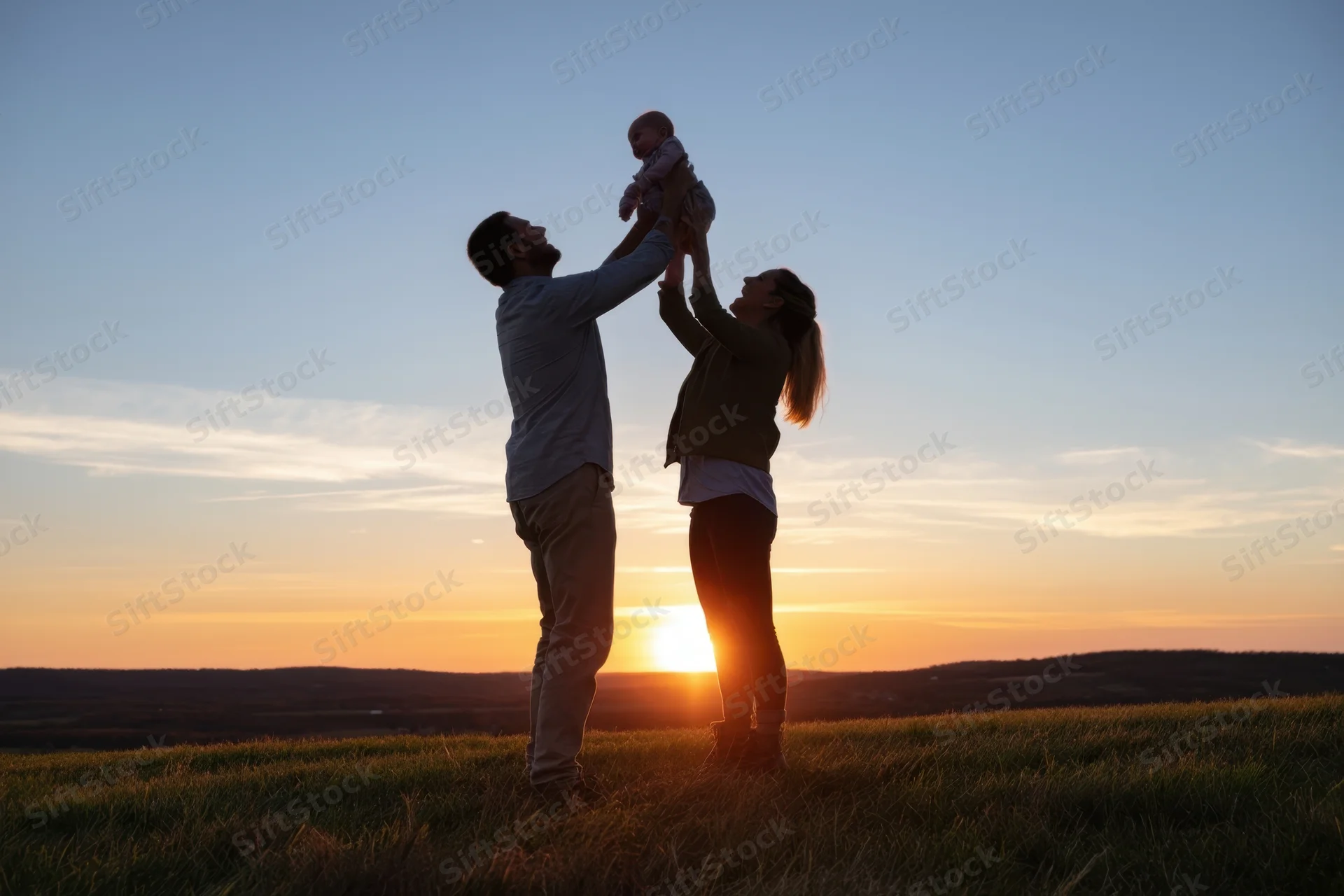 Parents lifting baby into the air at sunset on a grassy hill