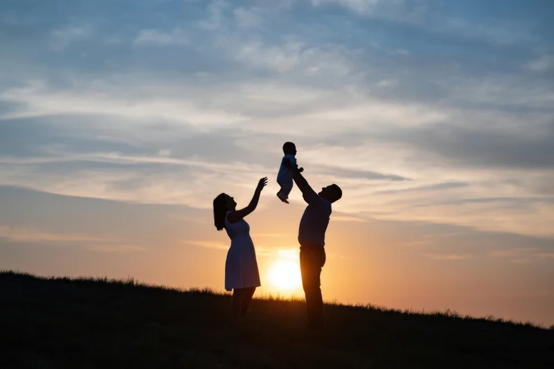 Silhouetted family on a grassy hill at sunset with father lifting baby and mother reaching toward them