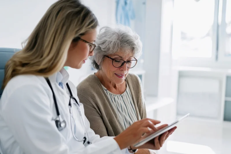 Female doctor showing tablet to senior patient during consultation in clinic
