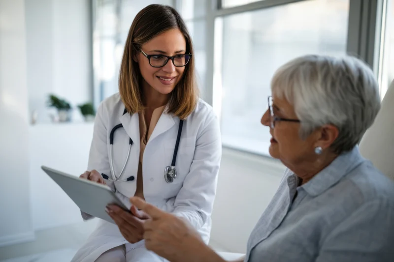 Female doctor showing tablet to senior patient during consultation in clinic
