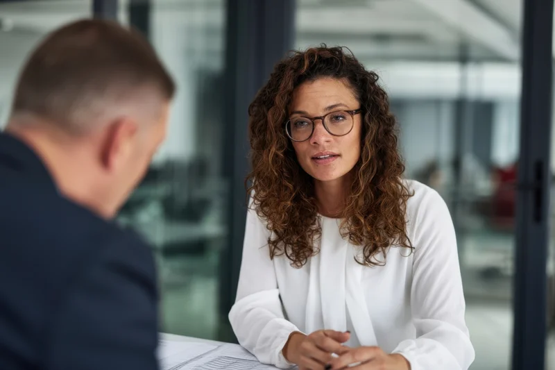 Woman in white blouse discussing business with man across desk in office