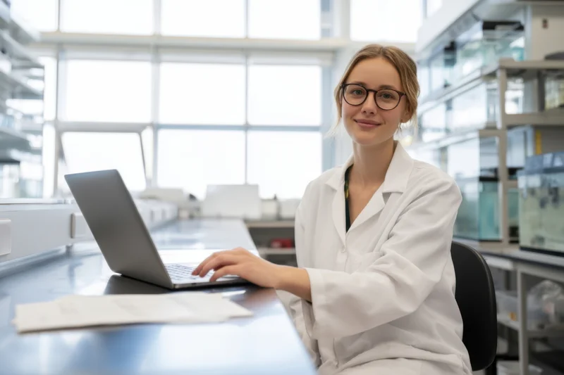 Woman in white lab coat typing on laptop at metal desk in modern laboratory