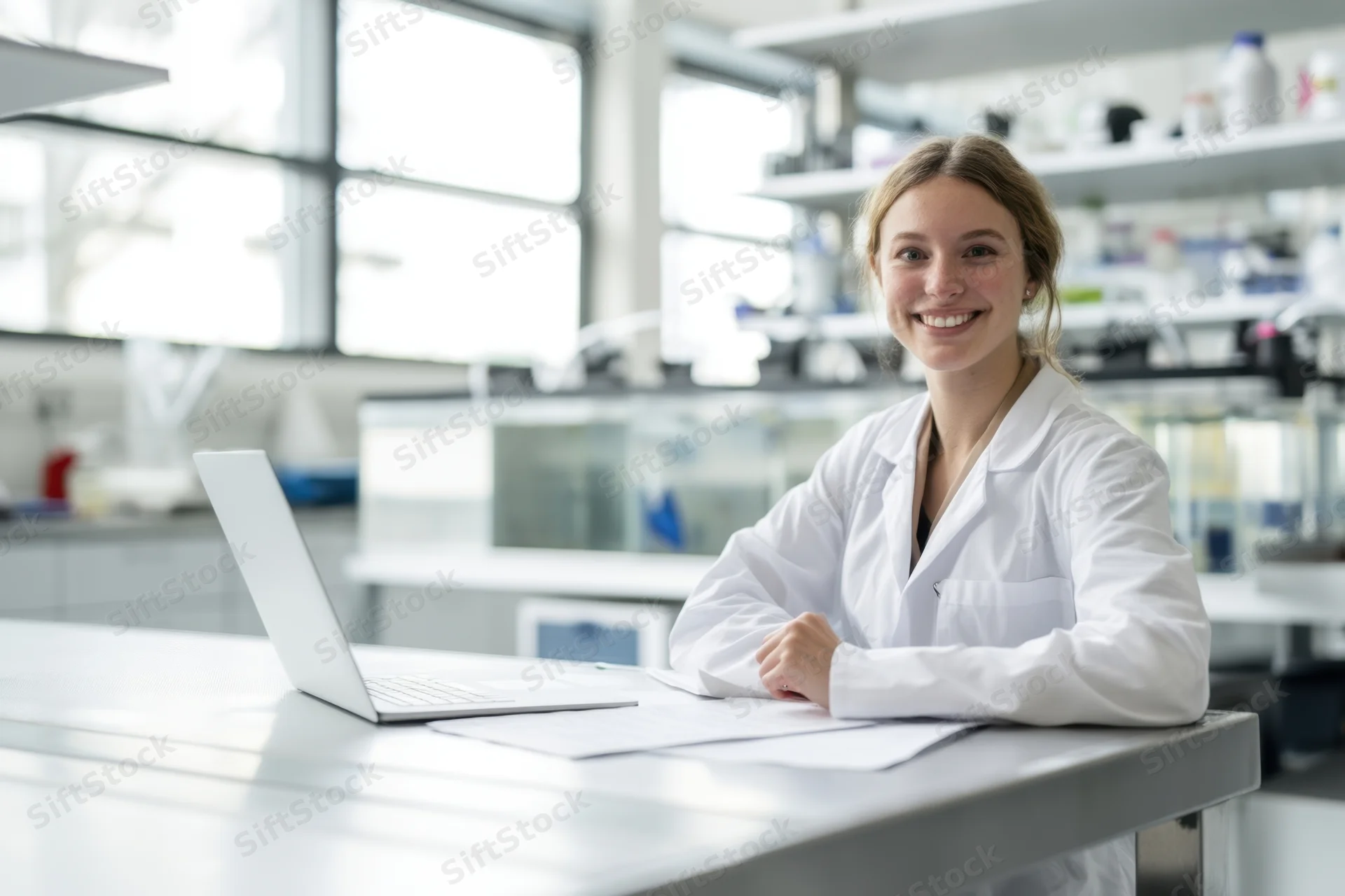 Woman in white lab coat smiling at desk with laptop in laboratory