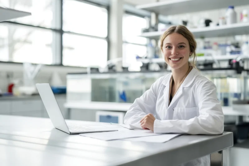 Woman in white lab coat smiling at desk with laptop in laboratory