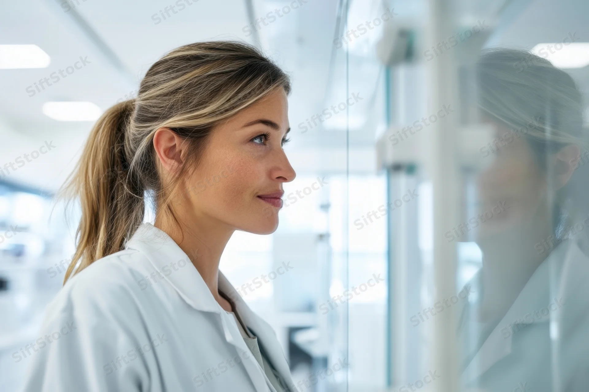 Female scientist in white lab coat standing in modern laboratory with reflection in glass wall