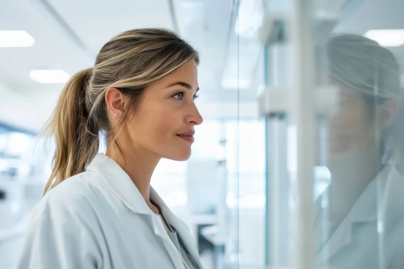 Female scientist in white lab coat standing in modern laboratory with reflection in glass wall