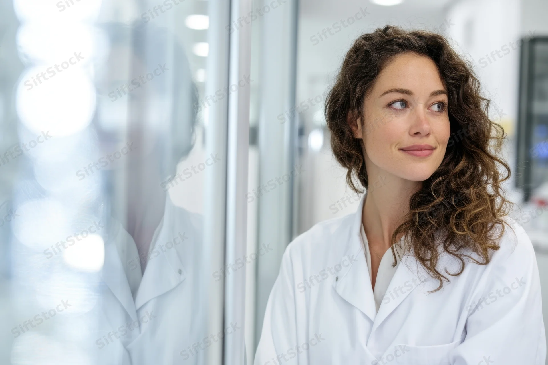 Woman in white lab coat smiling while standing in modern laboratory with glass wall reflection