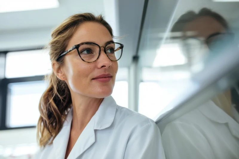 Woman scientist in white lab coat looking thoughtfully at glass wall in modern office