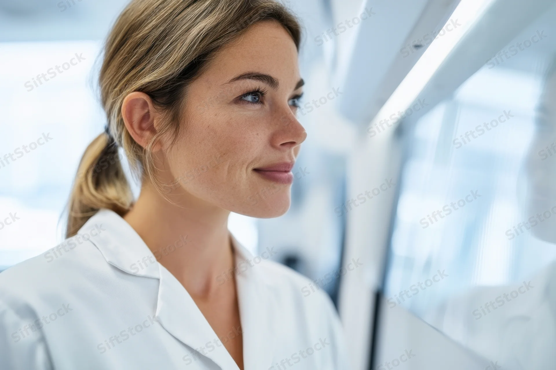 Woman in white lab coat smiling while standing in a bright modern laboratory