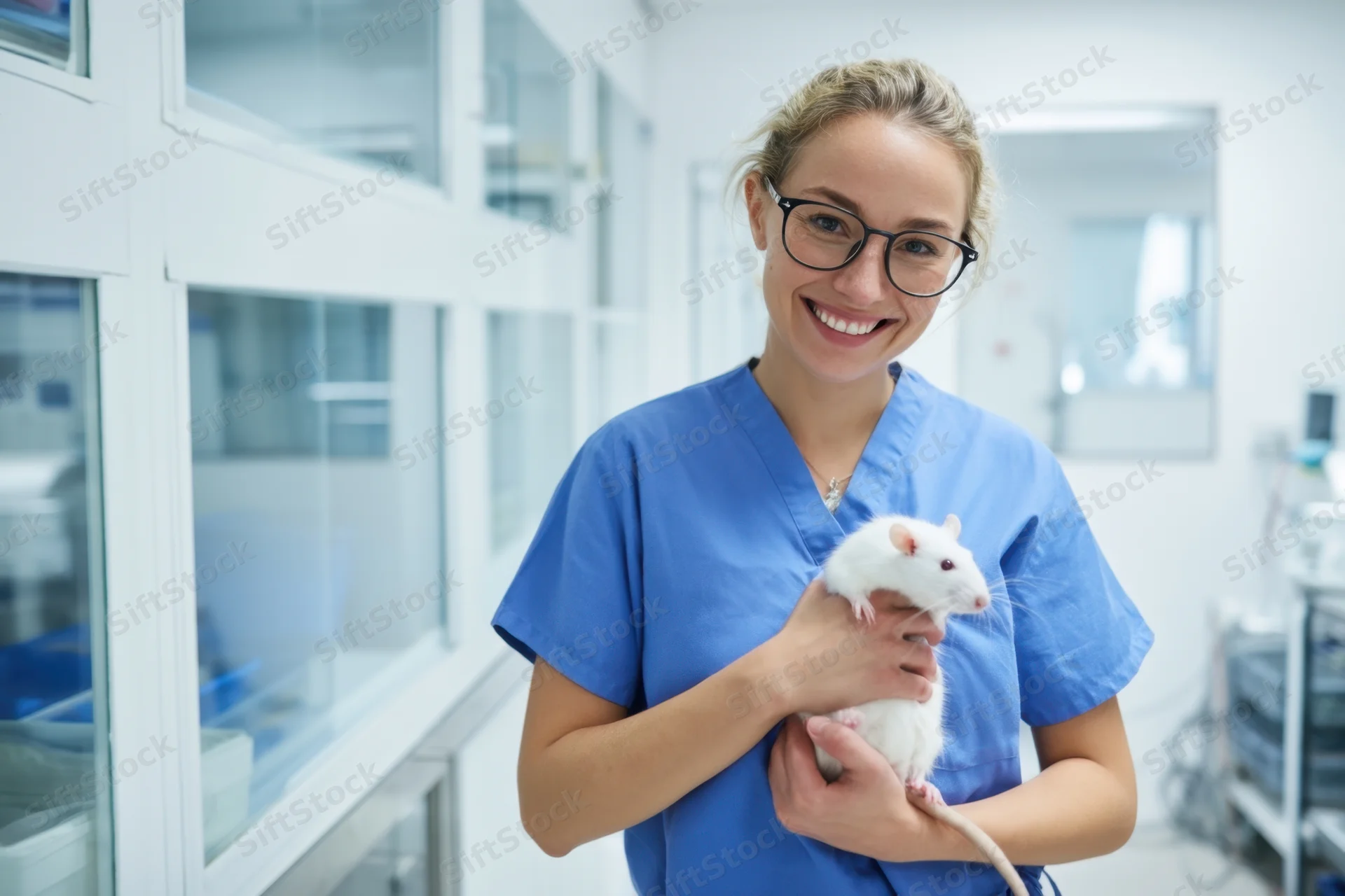 Woman veterinarian smiling while holding white rat in laboratory