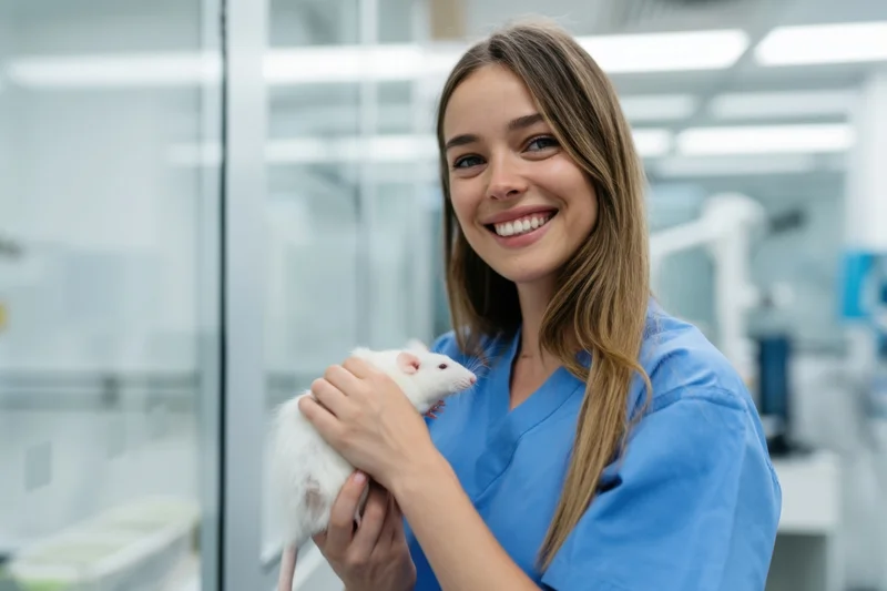 Woman veterinarian holding white rat in laboratory smiling