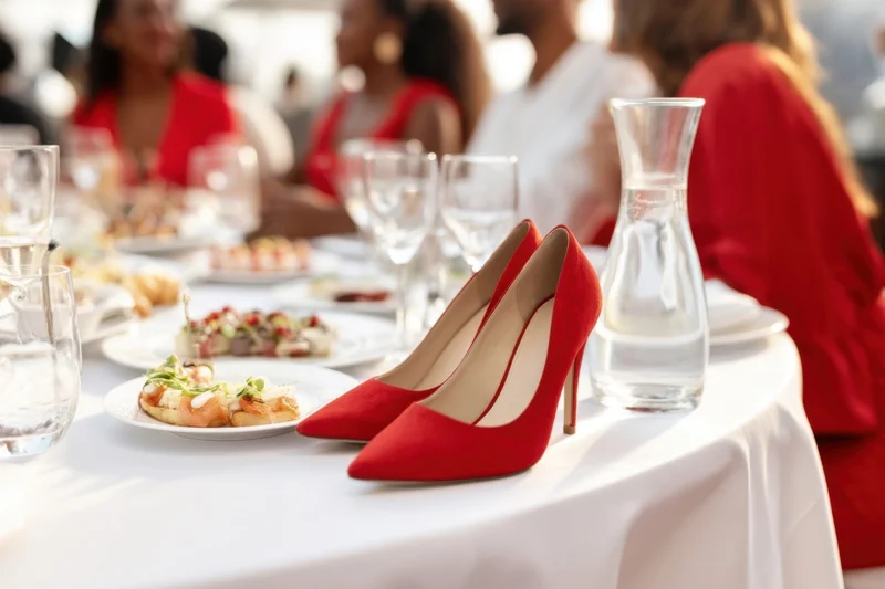 Red high-heeled shoes on a banquet table with plates of food and glassware, surrounded by women in formal attire at a festive dinner event