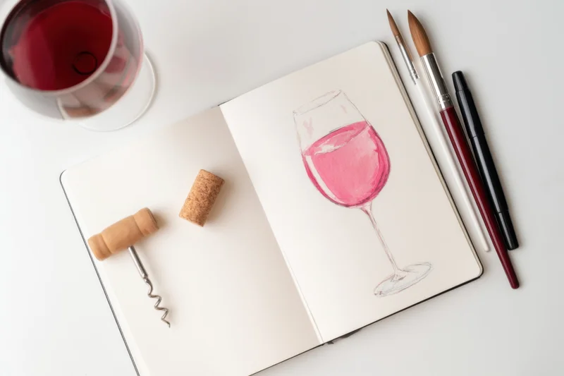 Open notebook with watercolor sketch of wine glass and art supplies on white surface