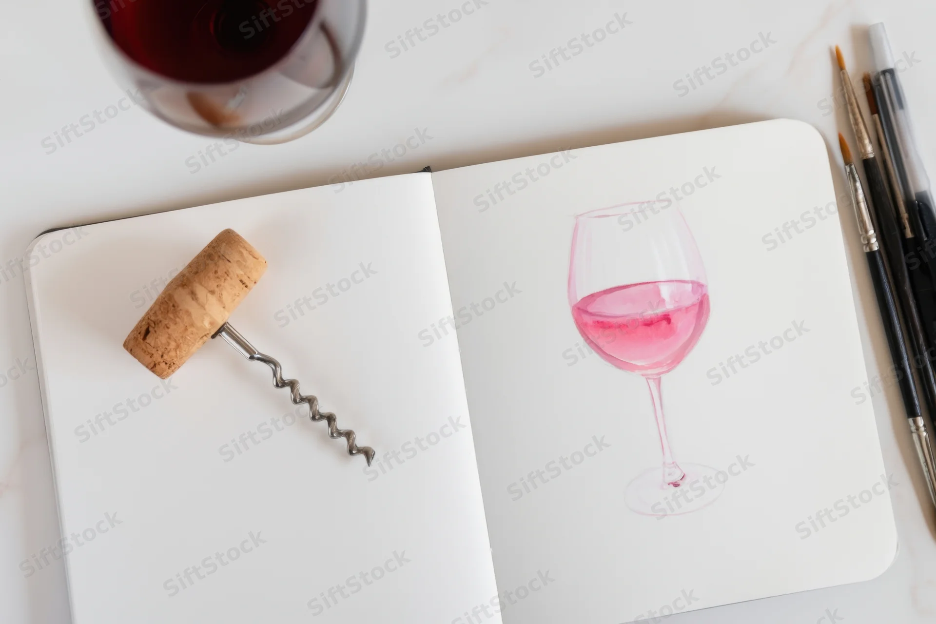 Open notebook with watercolor painting of wine glass and corkscrew on white marble surface