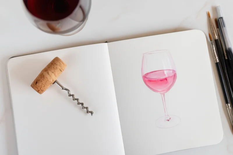 Open notebook with watercolor painting of wine glass and corkscrew on white marble surface