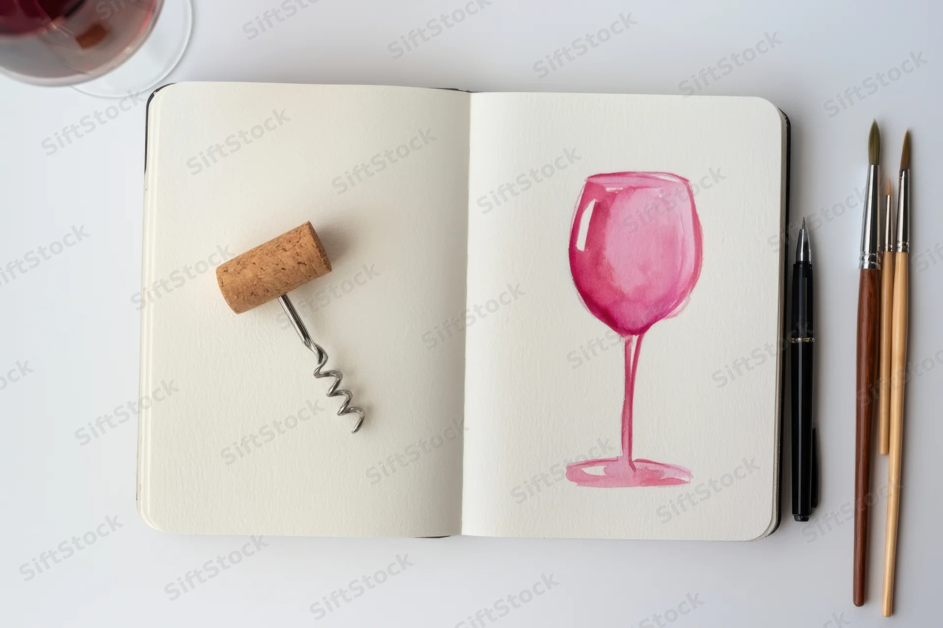 Open notebook with watercolor painting of wineglass and corkscrew on white surface