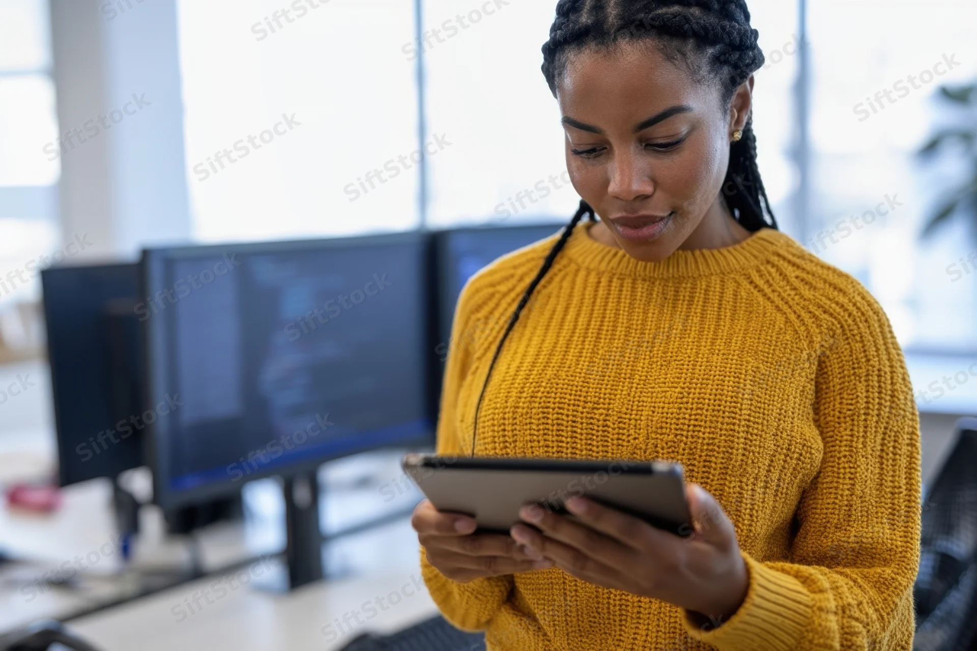 Woman in yellow sweater using tablet in office with computer monitors behind her