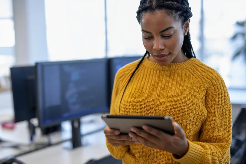 Woman in yellow sweater using tablet in office with computer monitors behind her