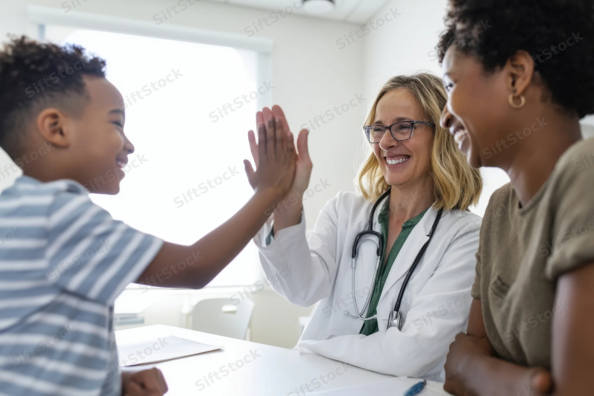 Pediatrician giving high five to child during clinic visit with mother present