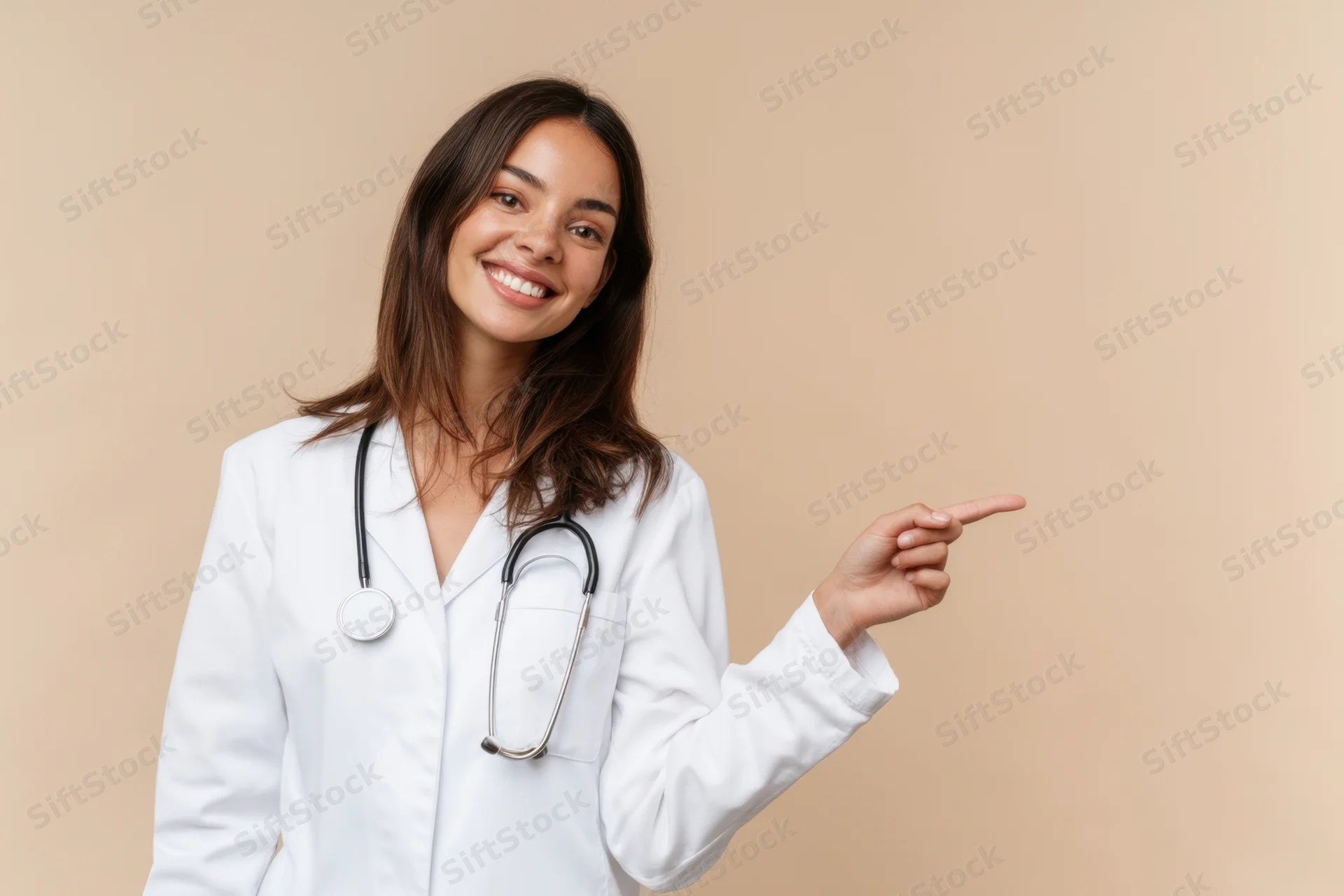 Smiling female doctor in white lab coat pointing to the side