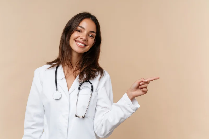 Smiling female doctor in white lab coat pointing to the side