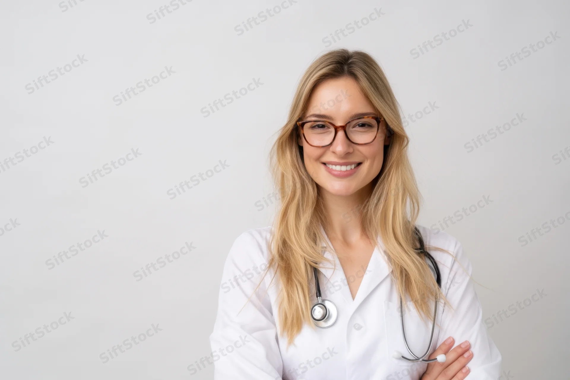 Smiling female doctor in white coat with stethoscope around neck standing in studio with copyspace