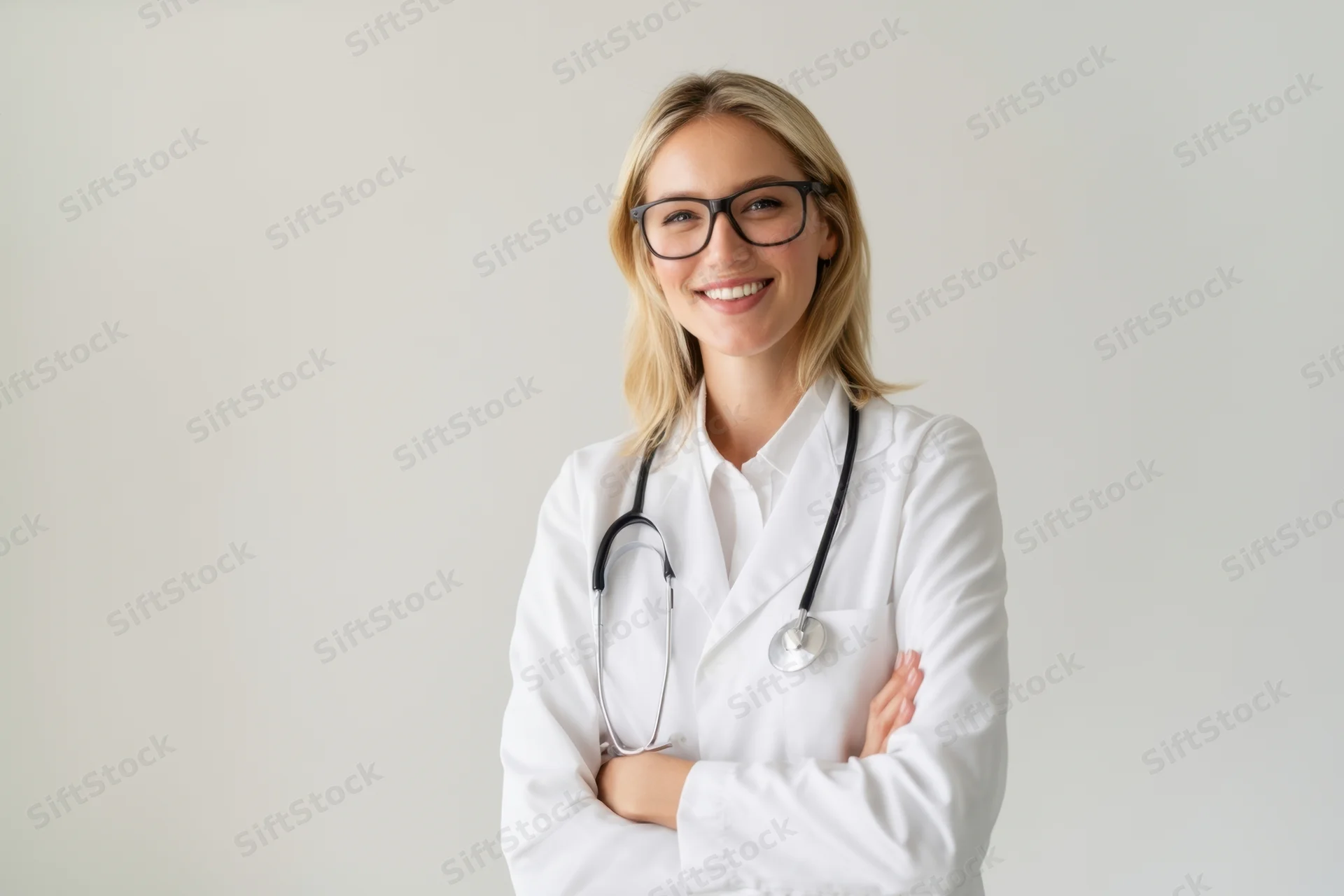 Smiling female doctor in white lab coat with stethoscope and glasses, arms crossed, standing in studio setting