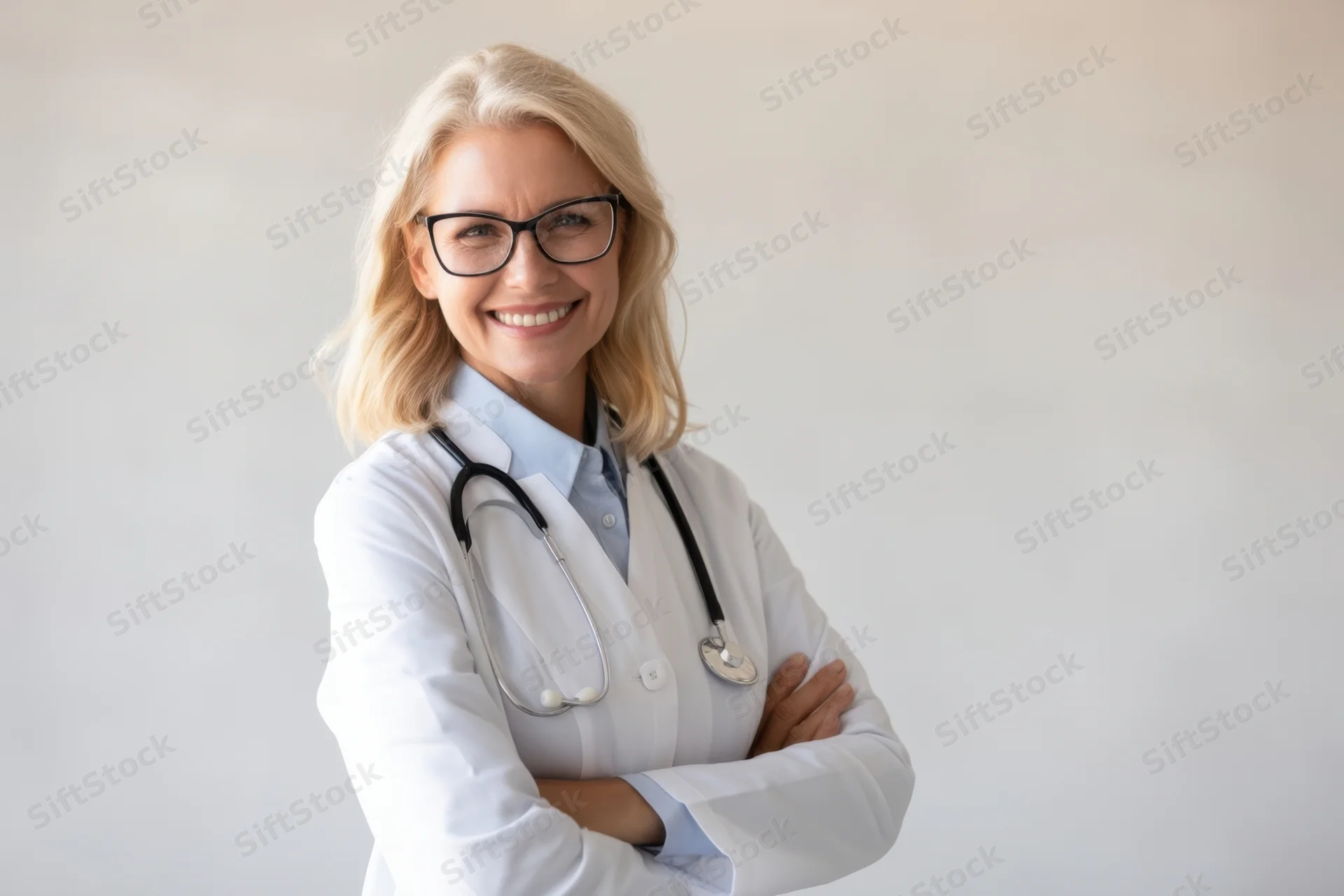 Smiling female doctor in white coat with stethoscope arms crossed indoors