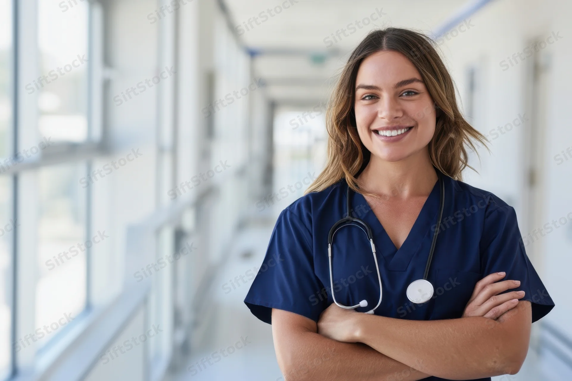 Nurse in navy scrubs with stethoscope standing in hospital corridor smiling with arms crossed