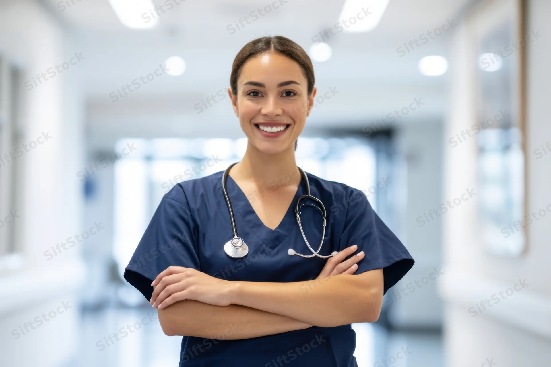 Nurse in navy scrubs with stethoscope standing in hospital corridor arms crossed smiling