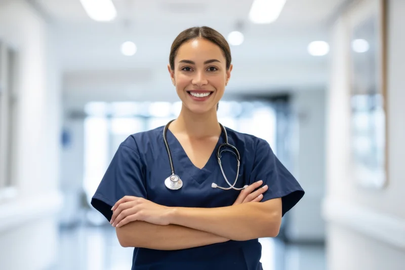 Nurse in navy scrubs with stethoscope standing in hospital corridor arms crossed smiling