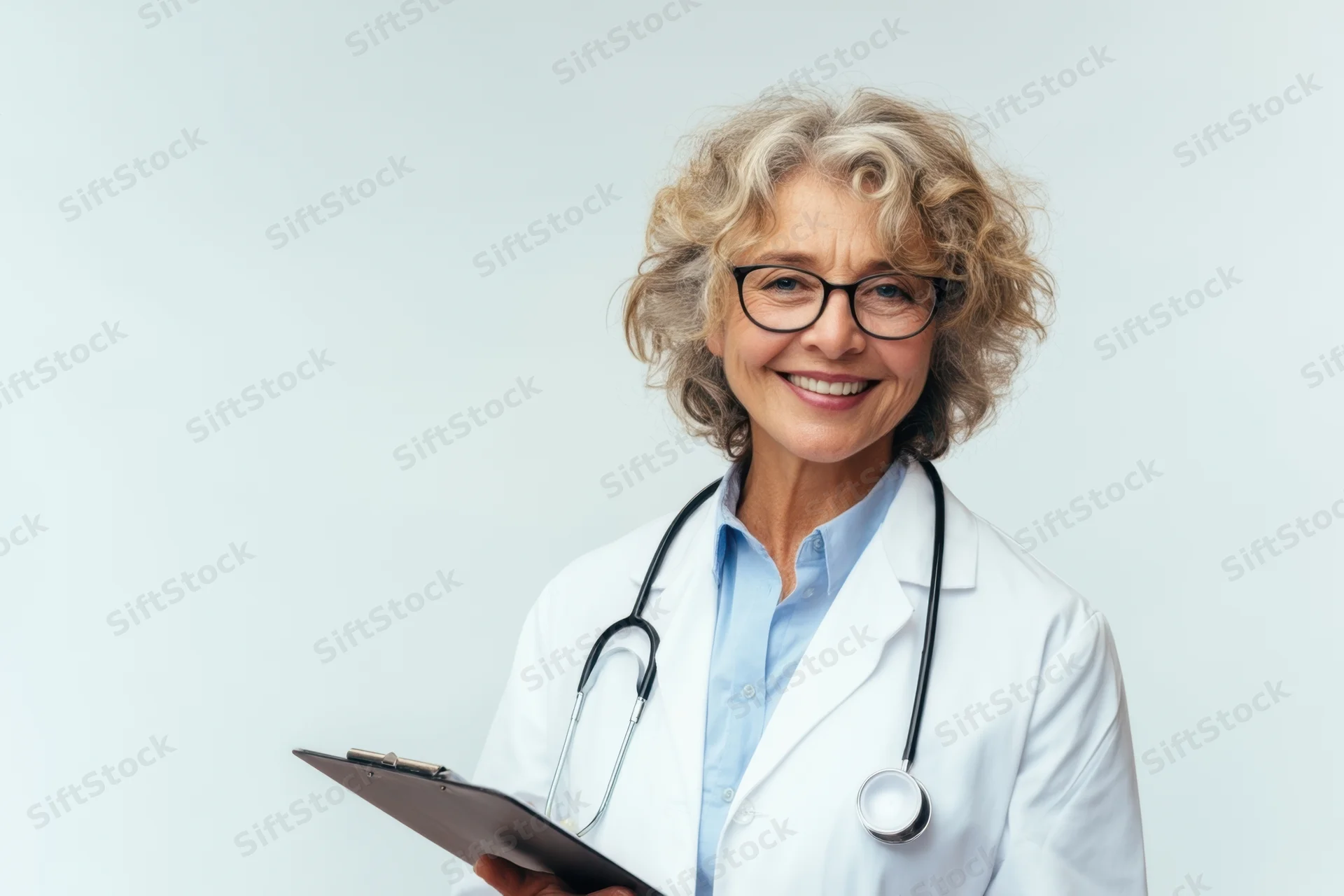 Senior woman doctor smiling while holding clipboard with stethoscope around neck in white labcoat against light background
