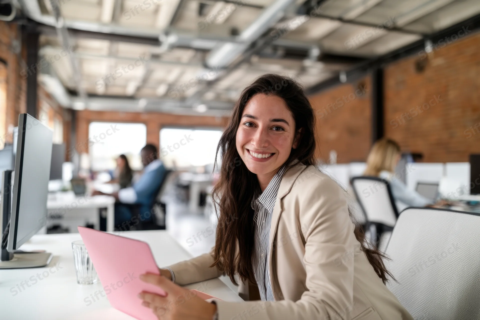 Woman smiling at camera while sitting at desk with laptop in modern office space