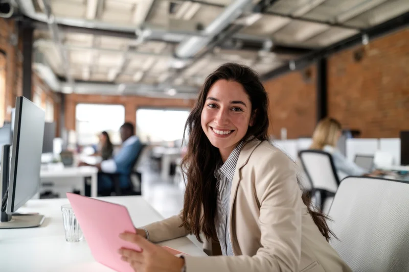 Woman smiling at camera while sitting at desk with laptop in modern office space