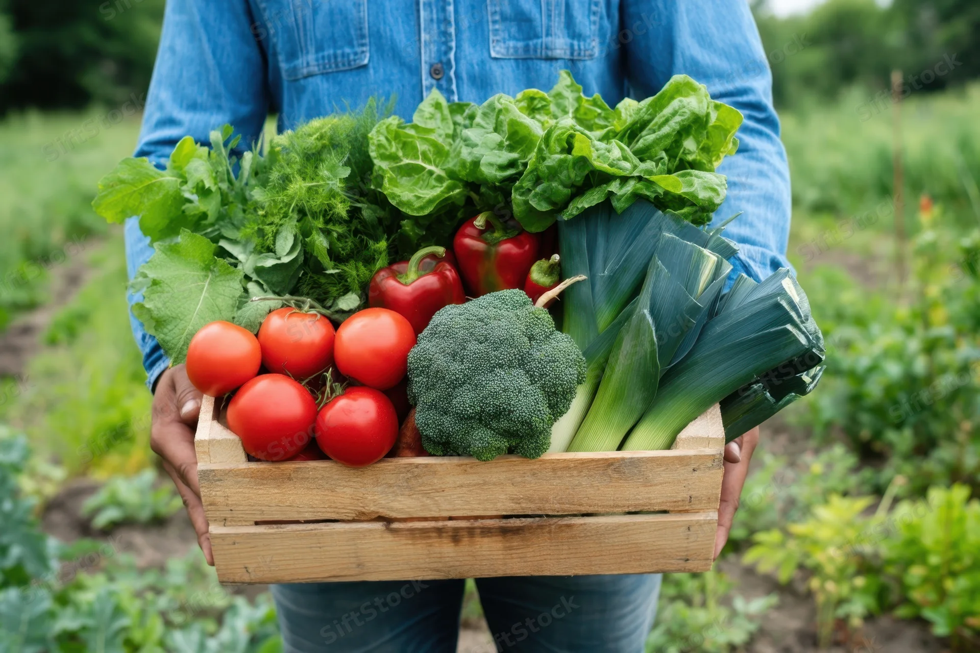 Farmer holding wooden crate filled with fresh vegetables in garden