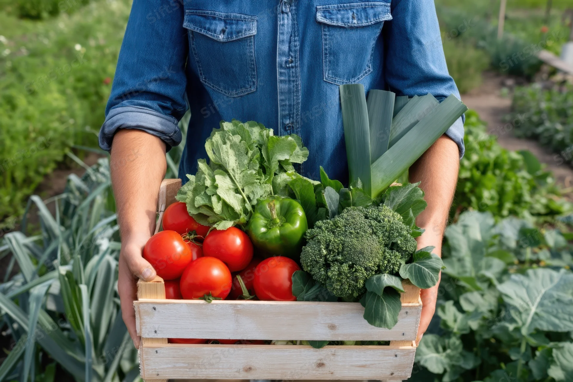 Gardener holding wooden crate filled with fresh vegetables in garden