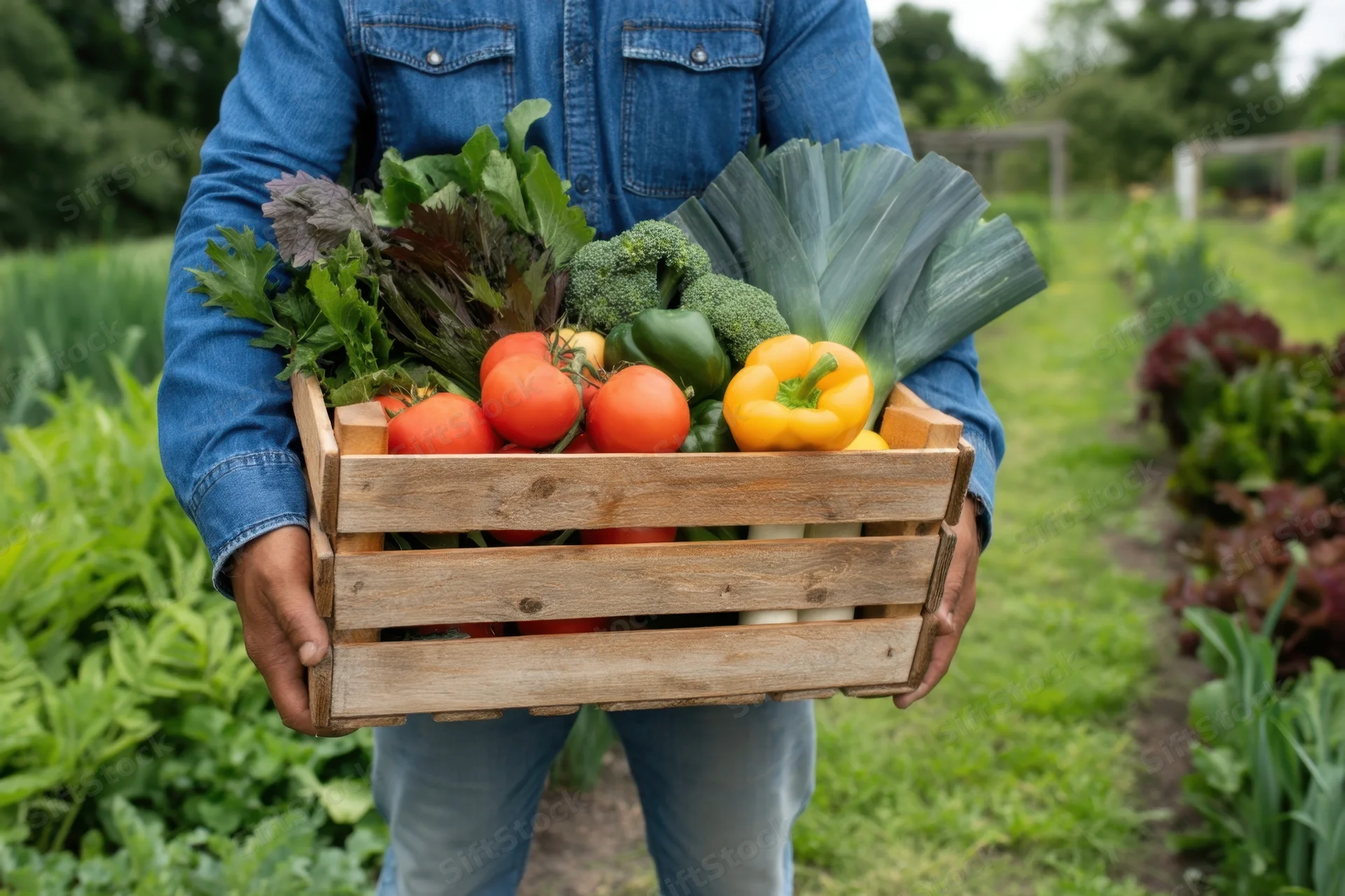 Gardener holding wooden crate filled with fresh vegetables in garden
