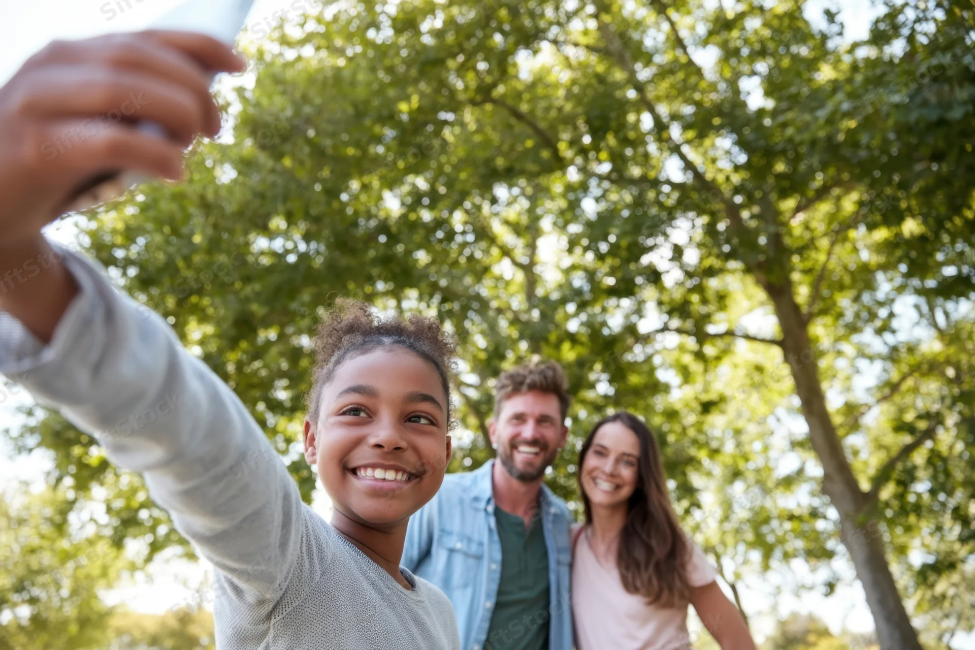Girl taking selfie with parents in park smiling under trees