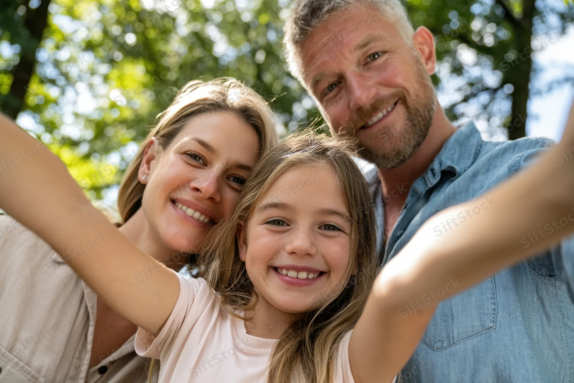 Girl taking selfie with parents in park, arms extended, smiling at camera