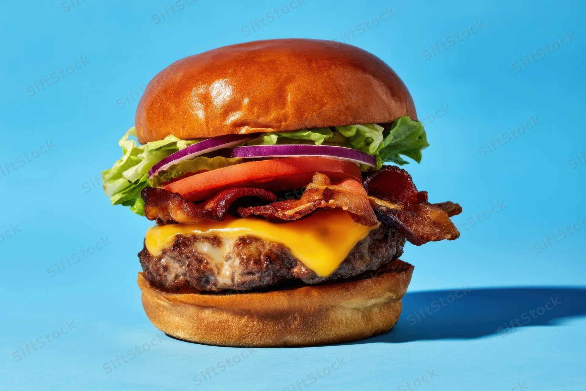Hamburger with bacon, cheese, lettuce, tomato, and onion on a blue background