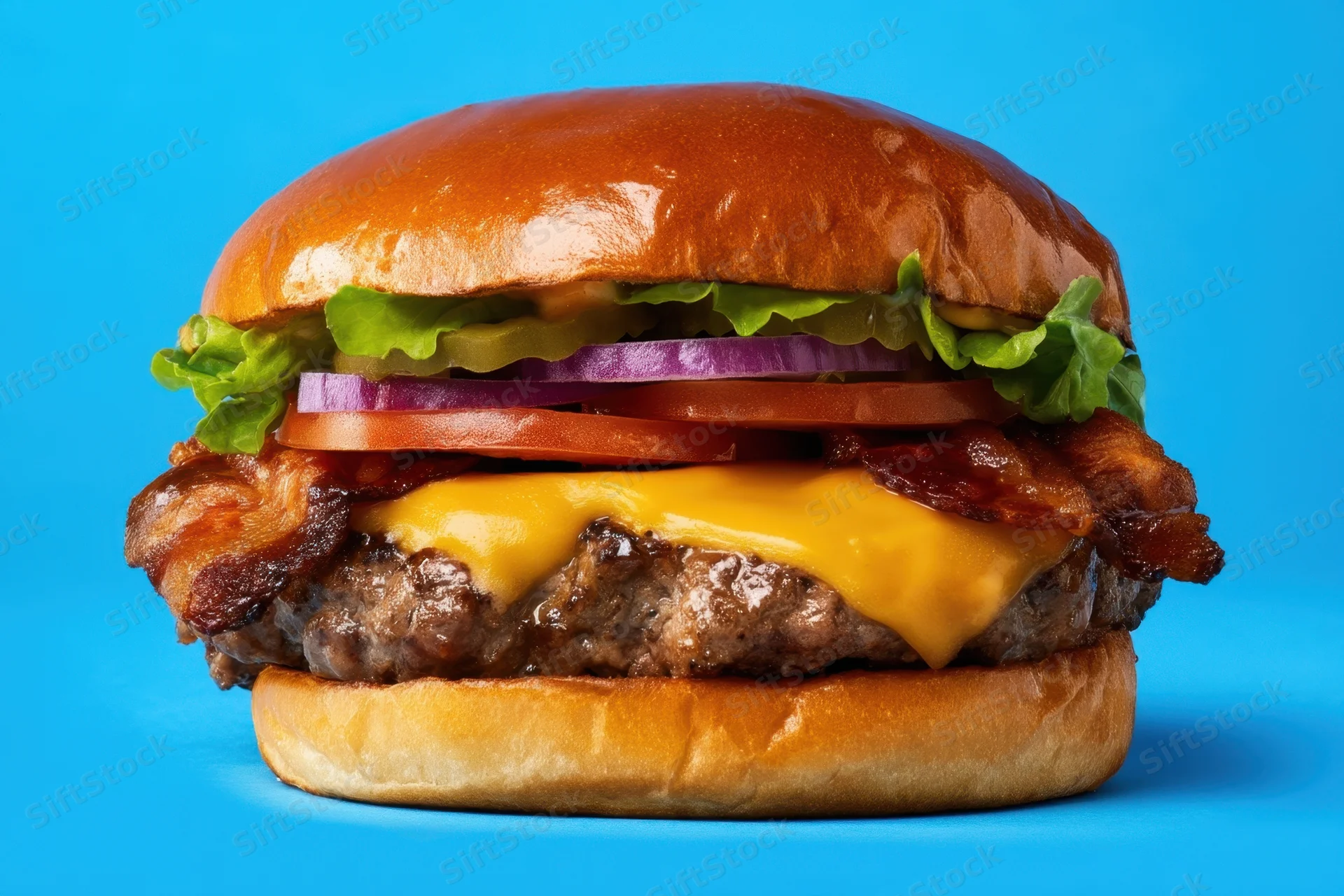 Cheeseburger with bacon, lettuce, tomato, onion and melted cheese on a glossy bun against a blue background