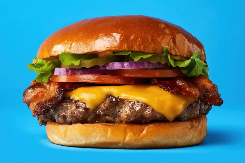 Cheeseburger with bacon, lettuce, tomato, onion and melted cheese on a glossy bun against a blue background