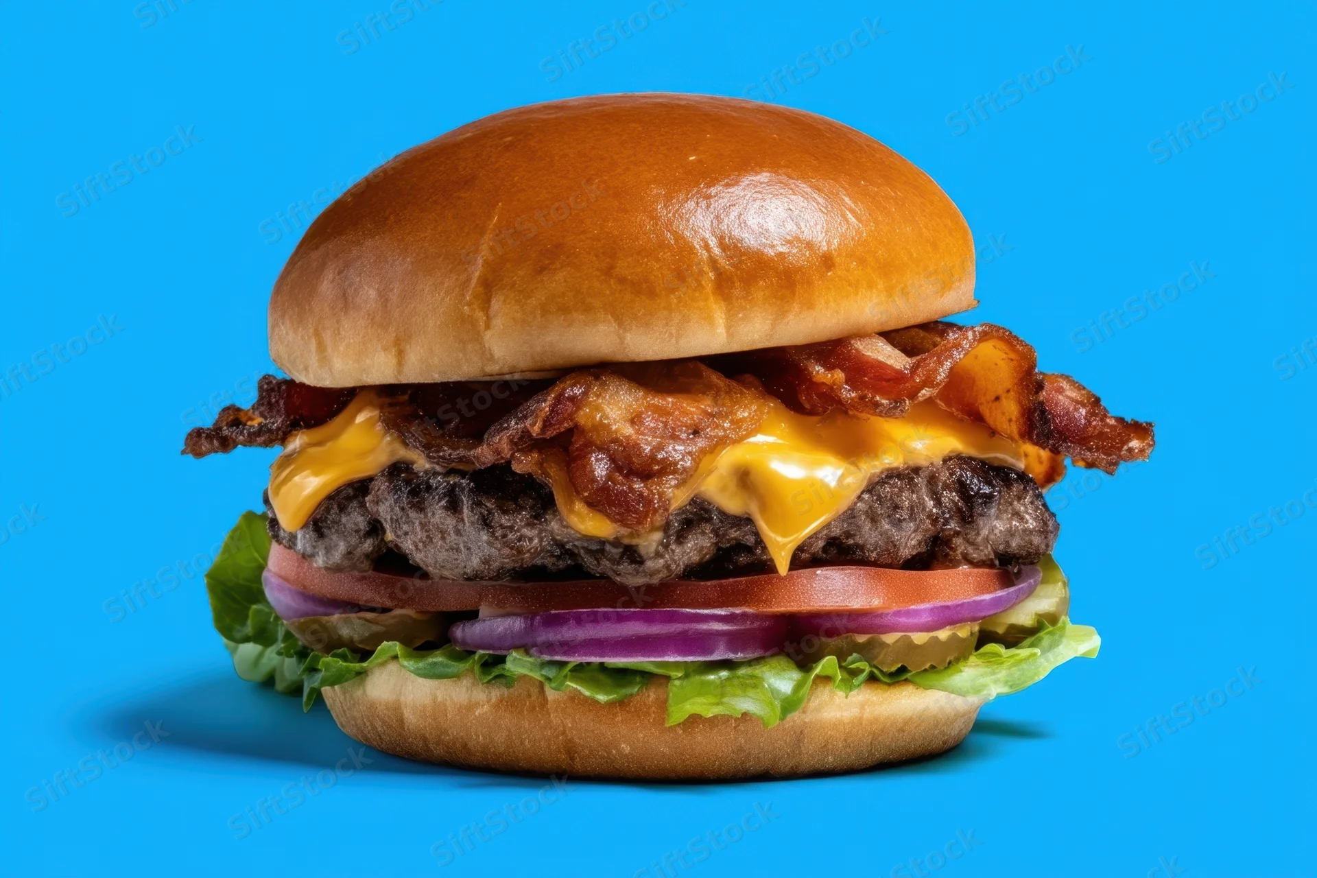 Cheeseburger with bacon, lettuce, tomato, onion, pickle and melted cheese on a glossy bun against a blue background
